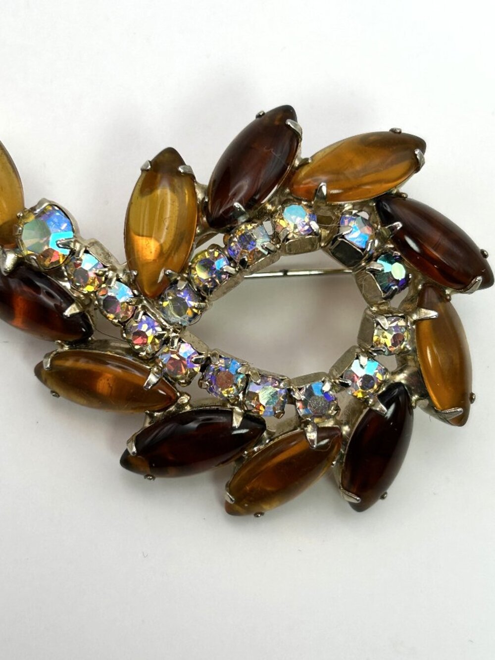 Vintage Amber Brown AB Rhinestone Wreath Brooch Navette Silver Tone Pin